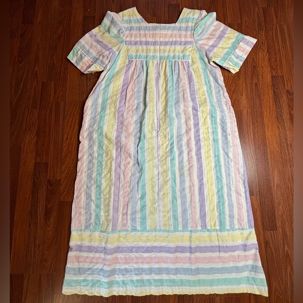 70s Saybury Pastel Striped House Dress Robe House Coffee Coat 2X Boho Rainbow